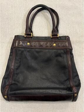 Vintage 2000s Y2K Banana Republic Leather Tote Bag Navy Brown Brass Hardware